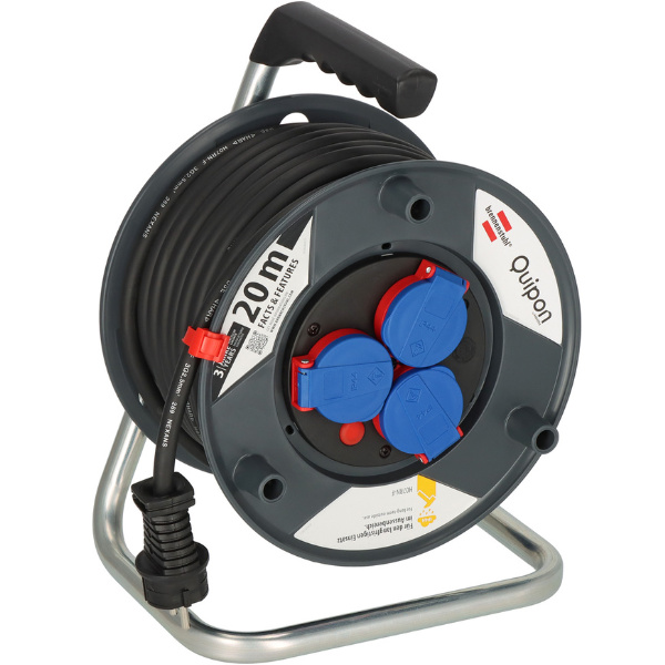 Quipon Kabeltrommel SPIN 20 m schwarz 3 x 2,5 RN-F Kabel 3 Schuko-Steckdosen
