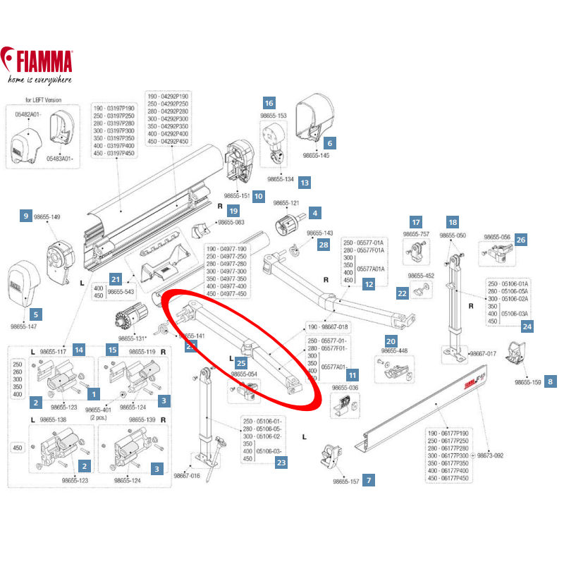Fiamma Gelenkarm links, für F45i / F45Ti, 3,0 - 4,5 m (Nr.05577A01-)