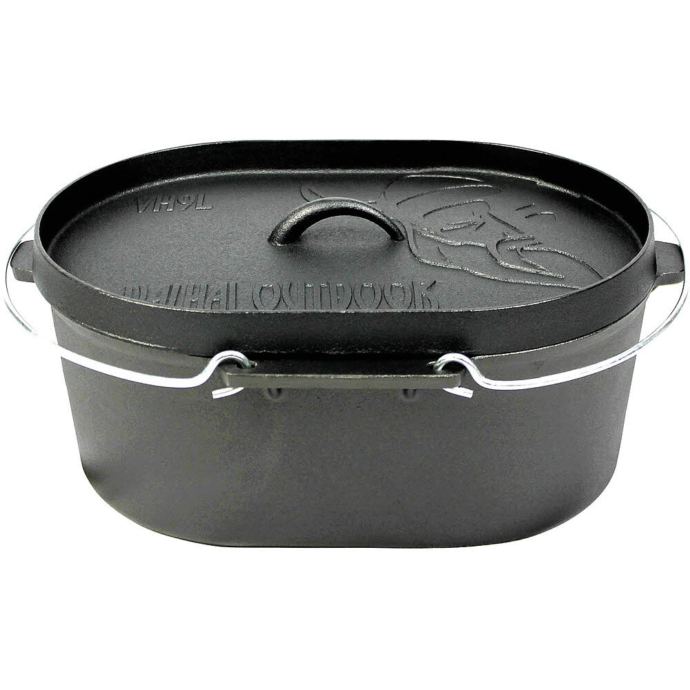 Valhal Outdoor Feuertopf Dutch Oven Gusseisen oval, flacher Boden, 9 l